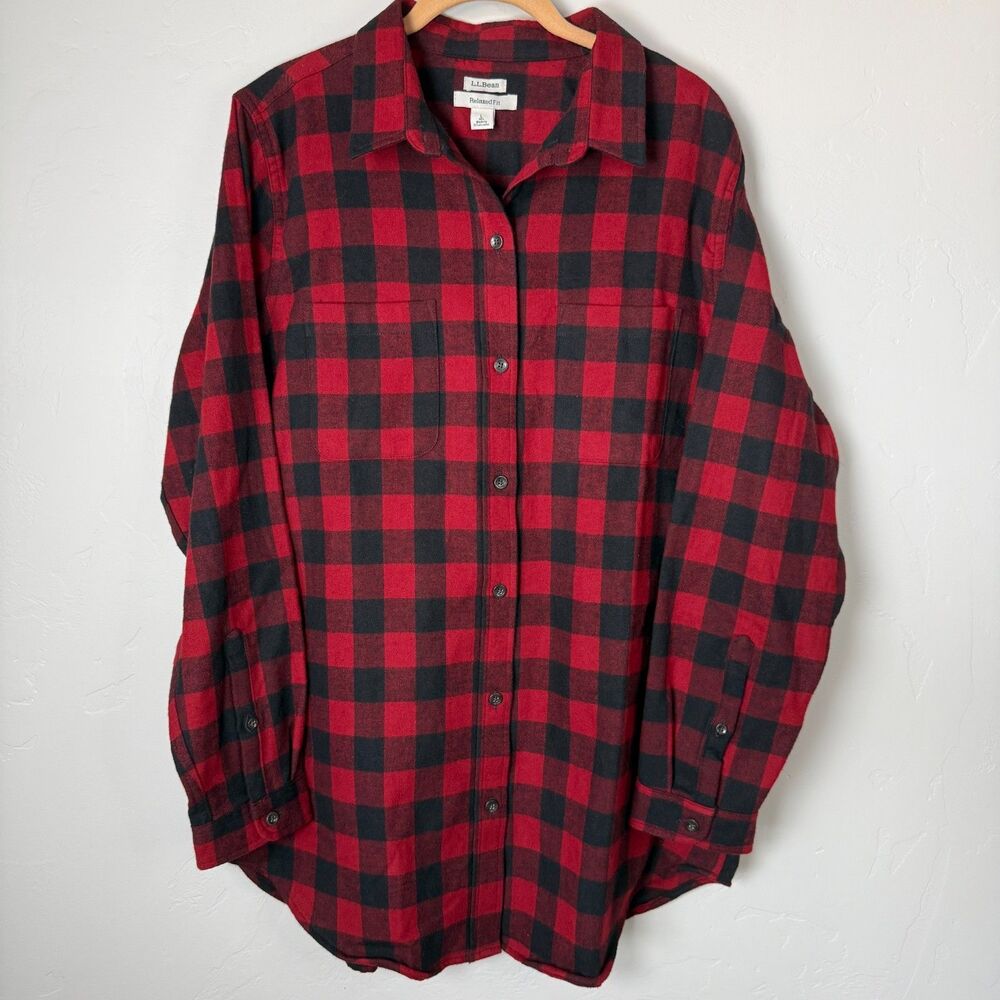 LL Bean Flannel Shirt Womens Large L Relaxed Fit Red Black Buffalo Plaid Cotton